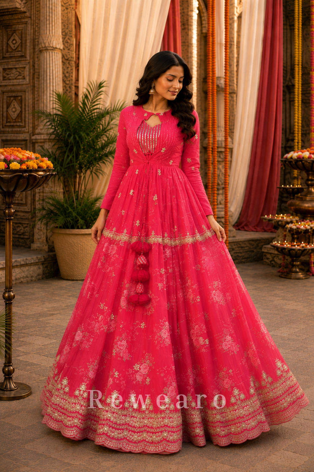 Radiant Rose Pink Floral Embroidered Anarkali Gown with Delicate Gota Lace Accents