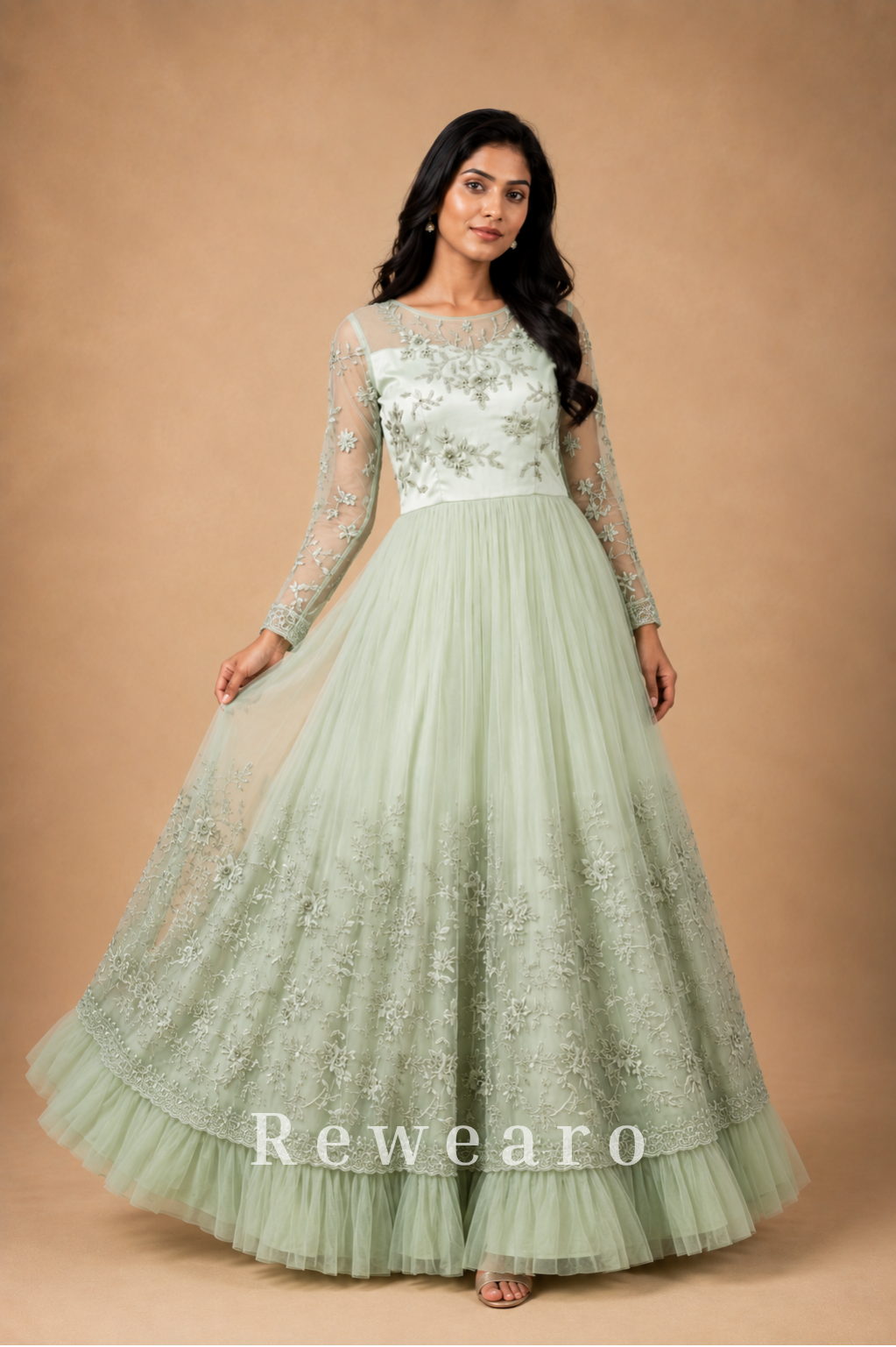 Mint Ivory Floral Embroidered Anarkali Gown with Sheer Sleeves & Layered Tulle Hem