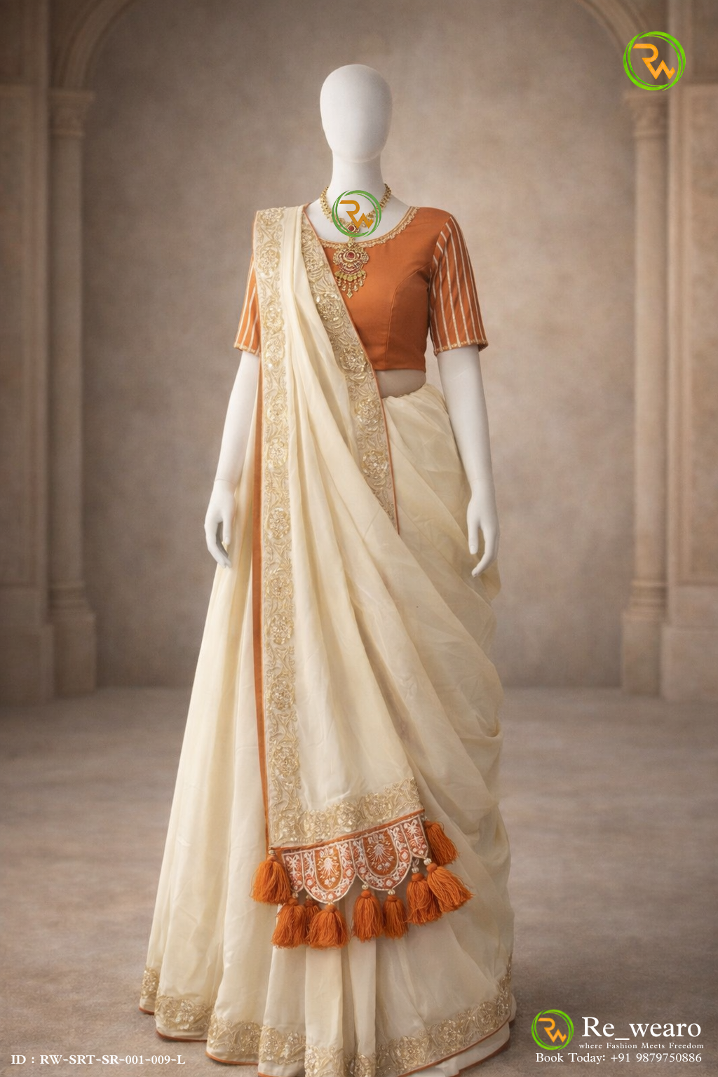 Ivory Draped Saree with Rust Embroidered Blouse and Tassel Border Pallu