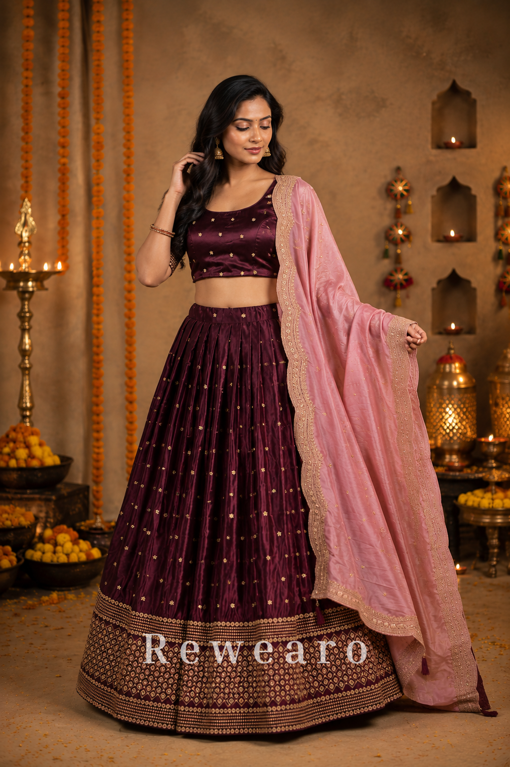 Wine Velvet Lehenga with Star Motifs, Geometric Border & Embroidered Blush Dupatta