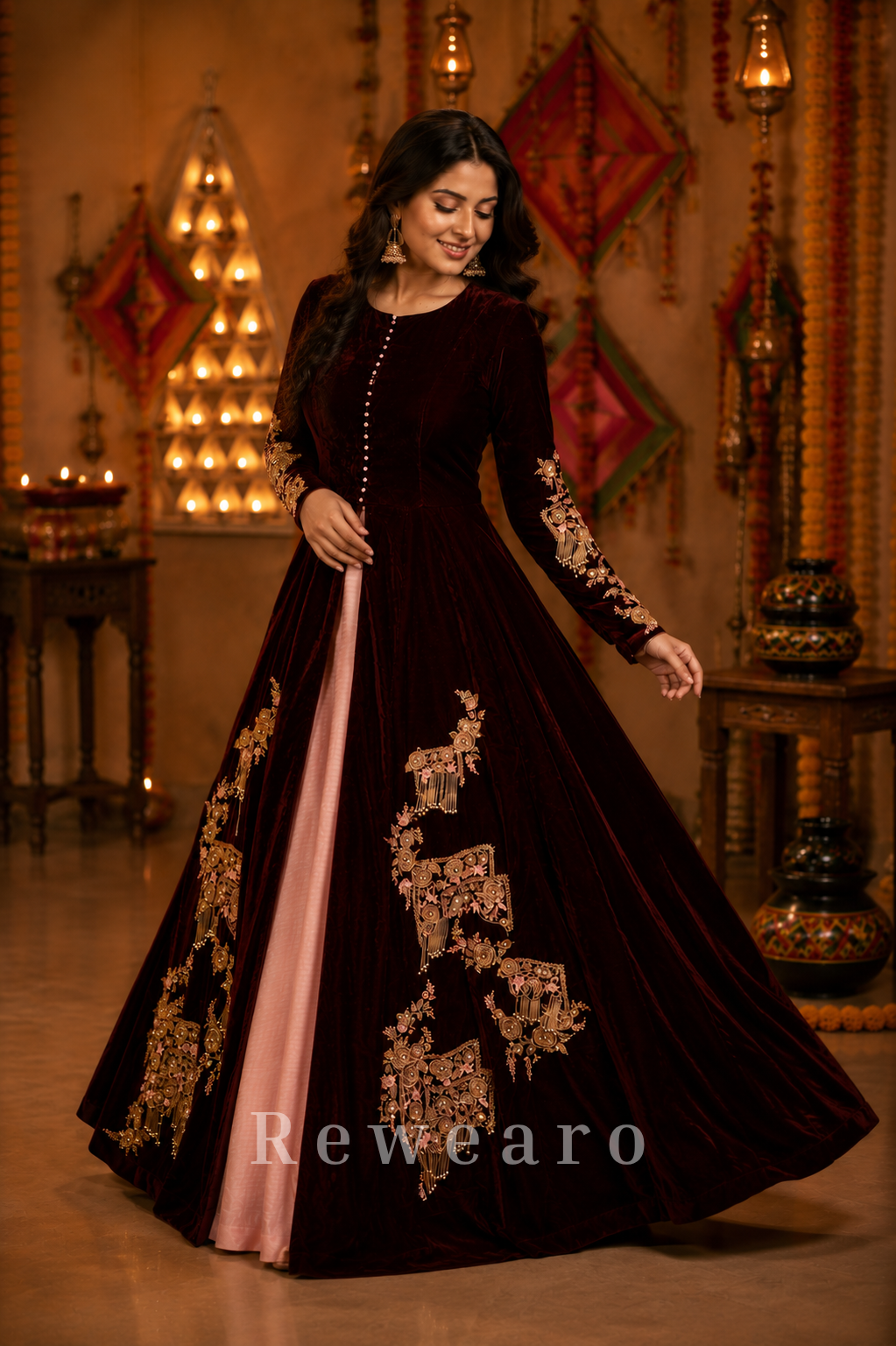 Royal Velvet Embroidered Front-Open Anarkali Gown with Blush Inner Layer and Zari Detailing