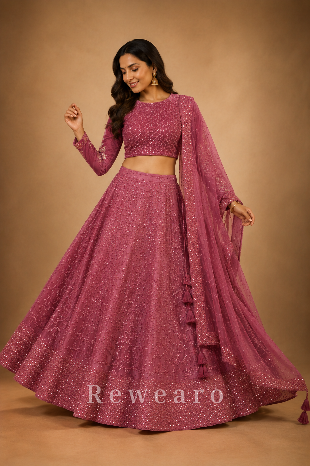 Mulberry Mauve Sequined Lehenga Set with Hand-Embellished Blouse and Soft Net Dupatta