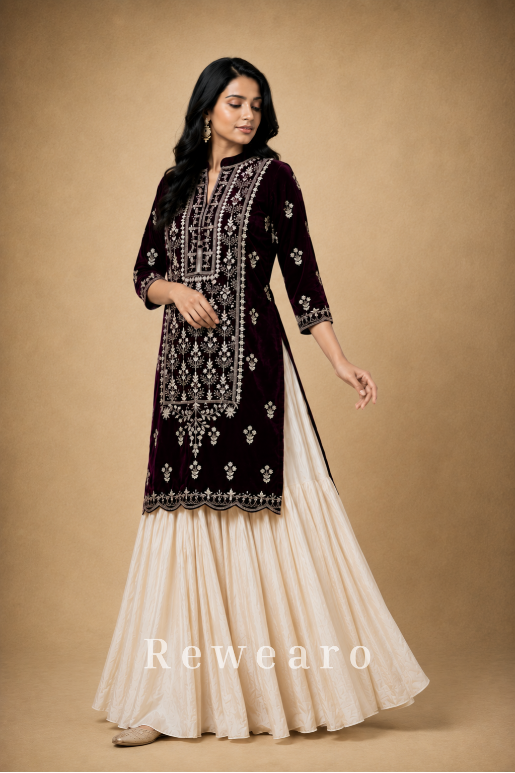 Wine Velvet Embroidered Long Kurti with Ivory Textured Palazzo Set