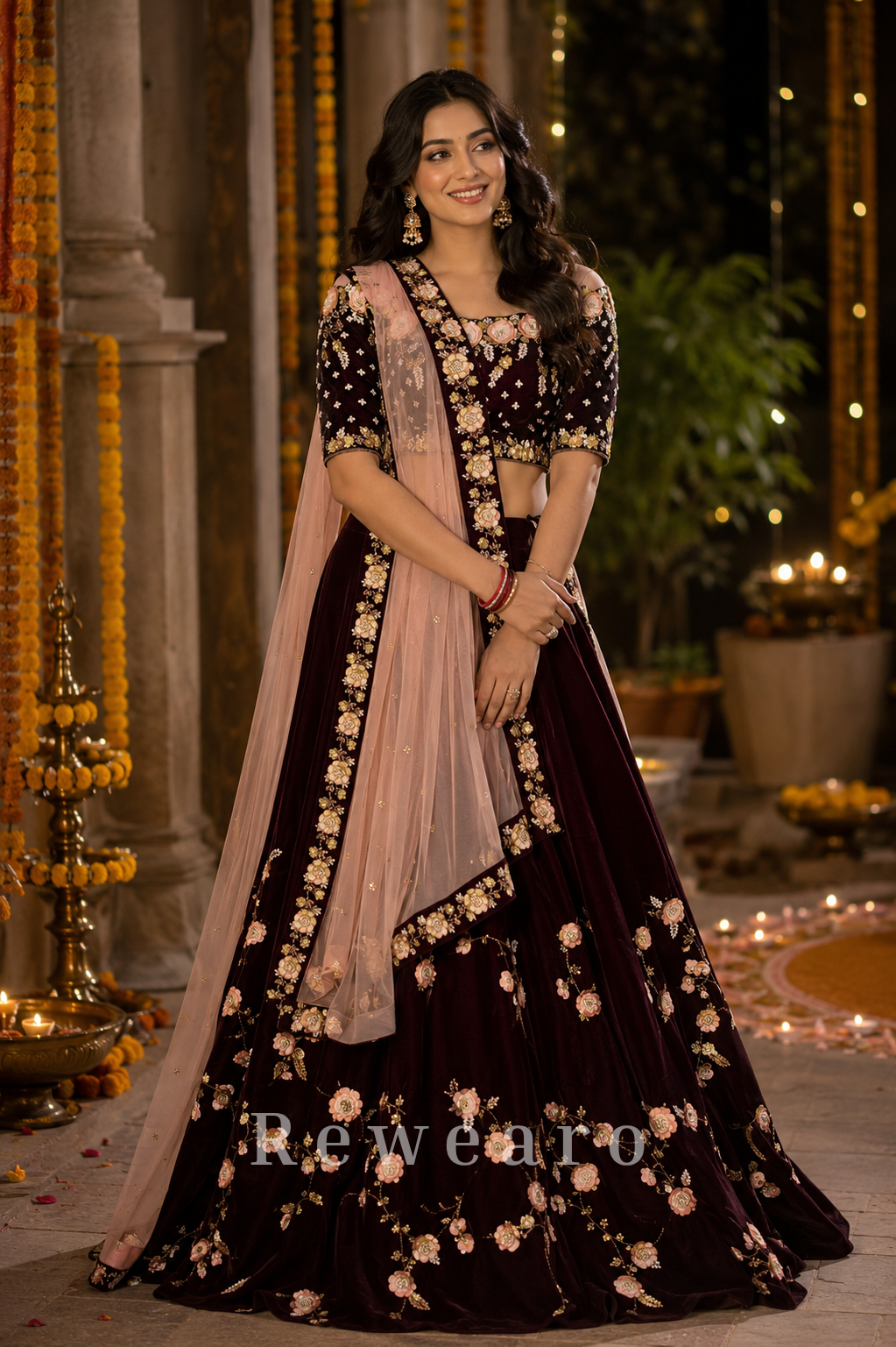 Deep Wine Velvet Floral Embroidered Lehenga Set with Rose Border Net Dupatta