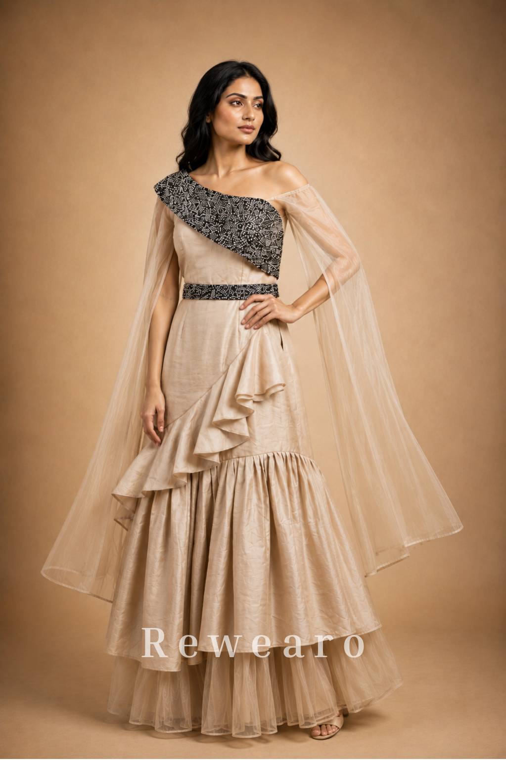Ivory Ruffled Sharara Set with Black Embroidered One-Shoulder Bodice & Sheer Cape Dupatta