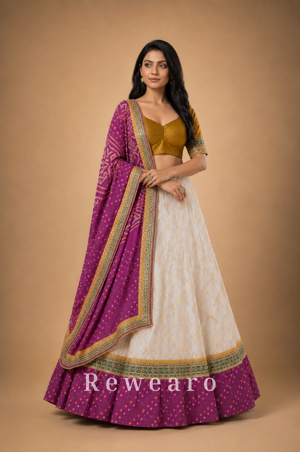 Wine Purple & Ivory Embroidered Lehenga with Mustard Blouse and Bandhani-Inspired Dupatta