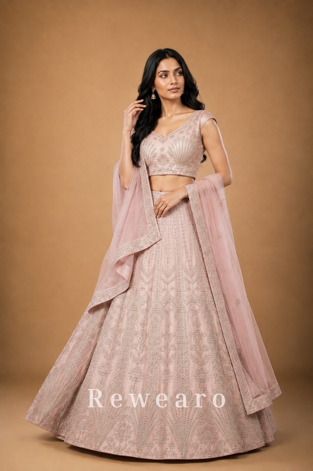 Blush Pink Embroidered Lehenga with Sheer Dupatta