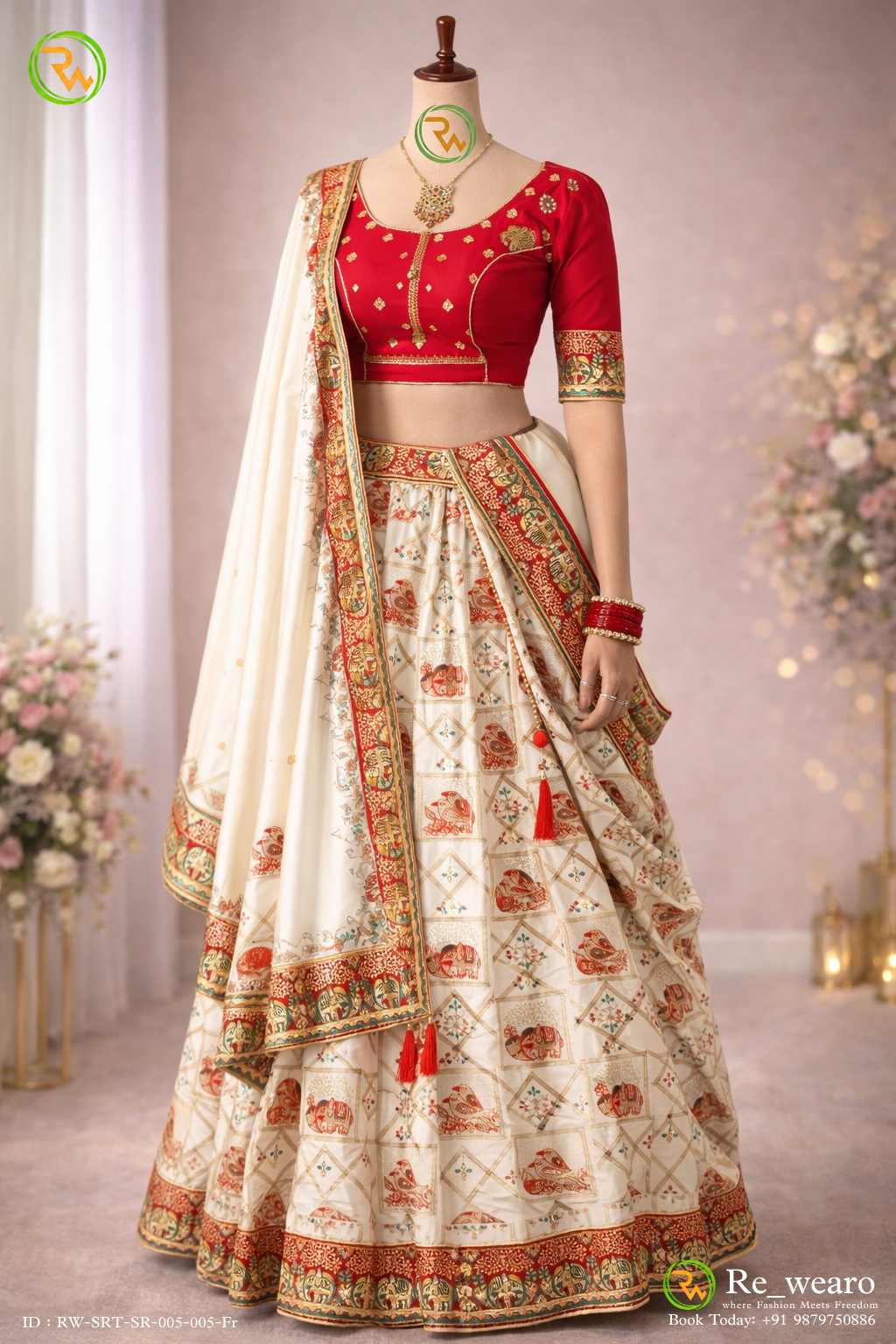 Ivory Heritage Printed Lehenga Set with Ruby Red Embroidered Blouse