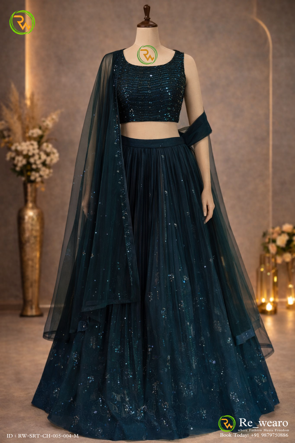 Midnight Teal Sequin Lehenga Set with Sheer Draped Dupatta