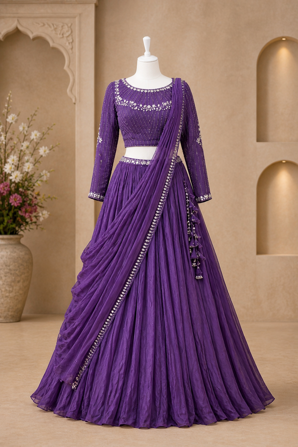 Violet Draped Georgette Lehenga with Mirror Embellished Blouse