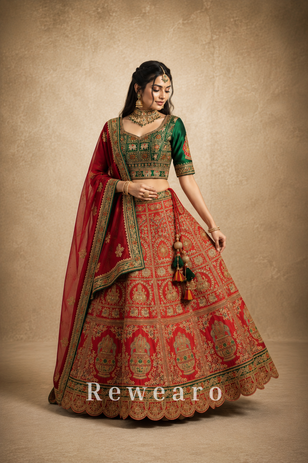 Crimson Rajwadi Lehenga with Emerald Embroidered Blouse & Heritage Dupatta
