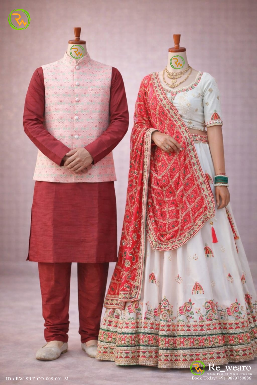 Ivory Embroidered Sider Lehenga Set with Coral Bandhani Style Dupatta and Coordinated Kurta Jacket Set