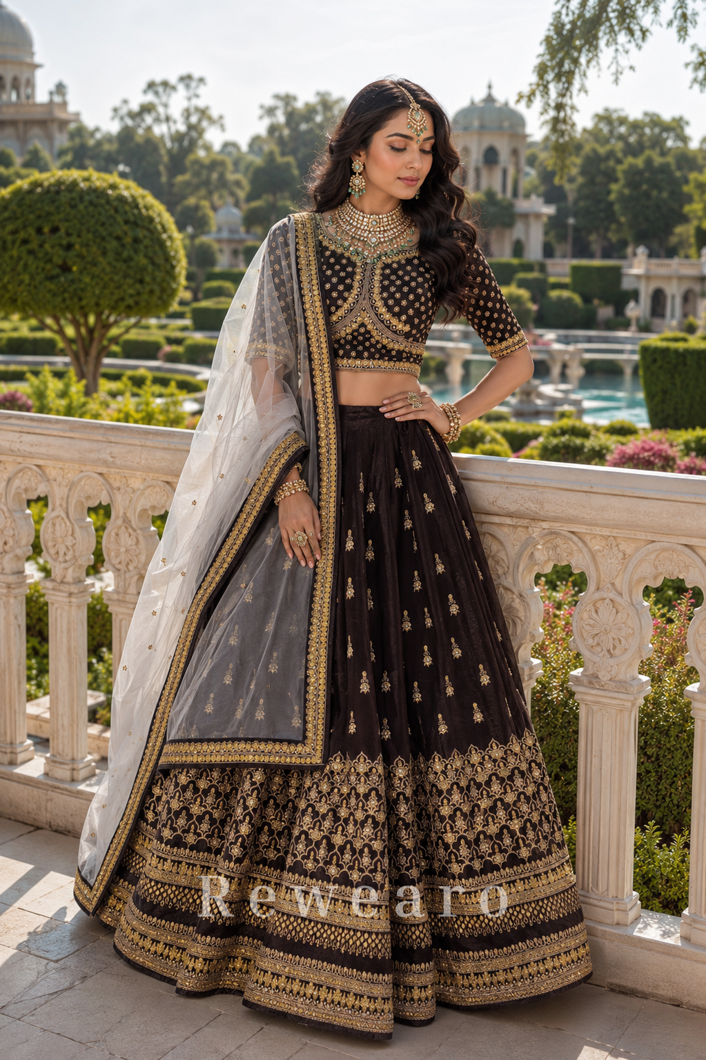 Midnight Noir Heritage Embroidered Lehenga Set with Ornate Gold Blouse and Sheer Dupatta