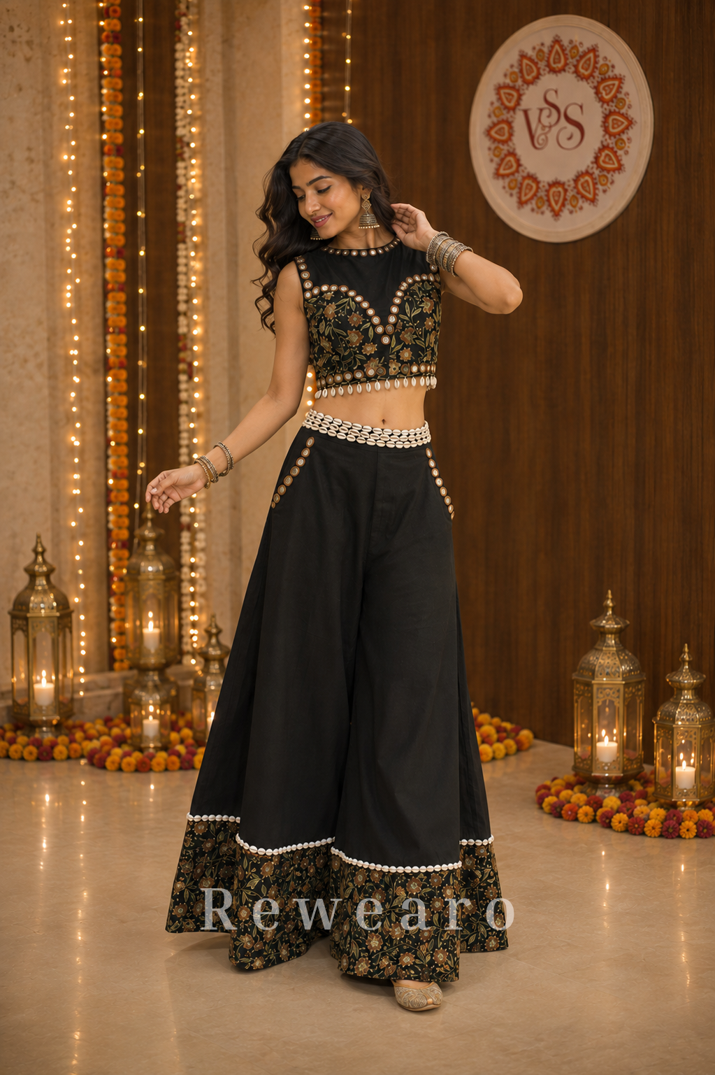Siyah Sunehri Floral Mirrorwork Palazzo Set with Embellished Crop Top