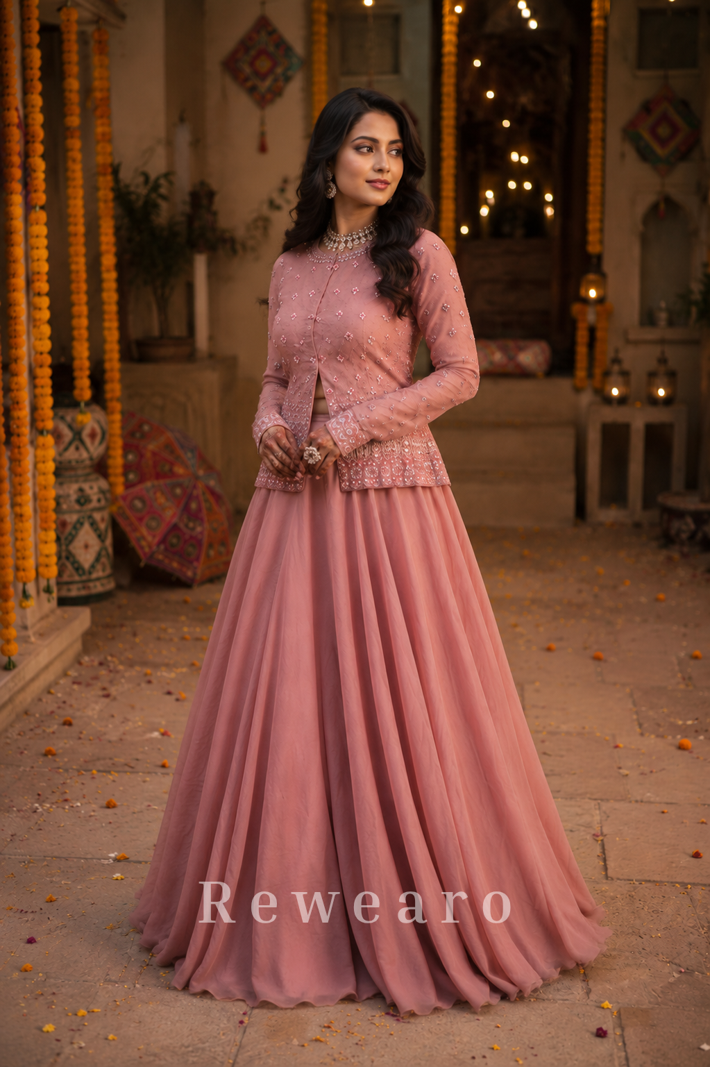 Dusty Rose Embellished Jacket Style Lehenga Set with Flowing Flared Skirt