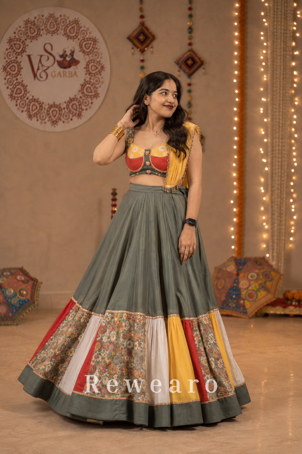 Multicolour Patchwork Panelled Lehenga with Folk-Art Blouse & Mustard Draped Dupatta