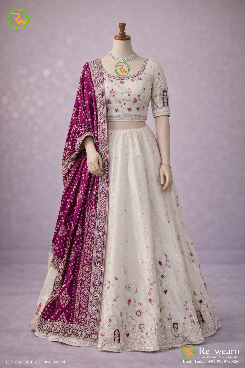 Ivory Embroidered Lehenga Set with Magenta Bandhani Style Dupatta