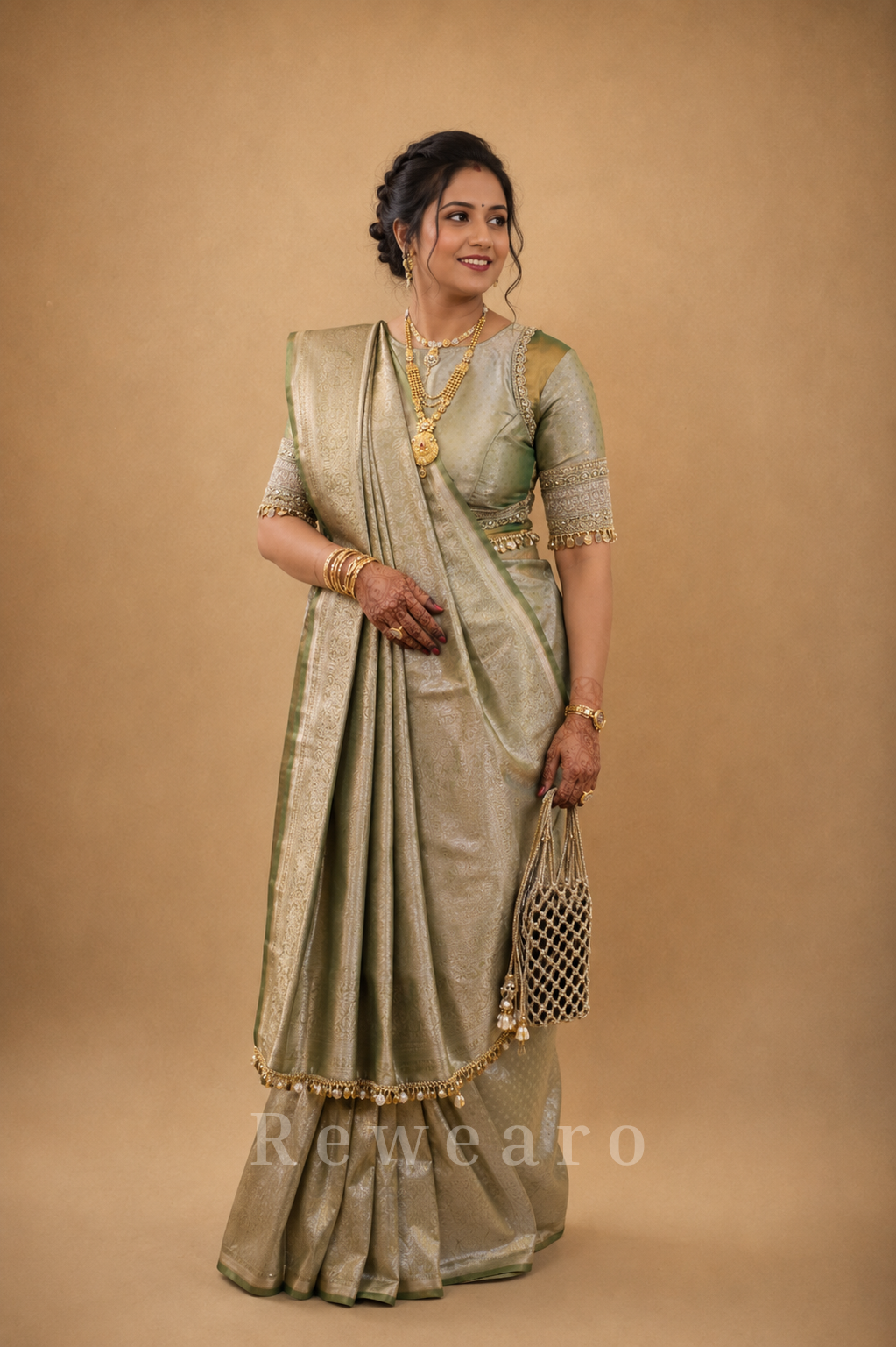 Sage Banarasi Zari Woven Saree with Heritage Jacquard Weave and Tassel Border