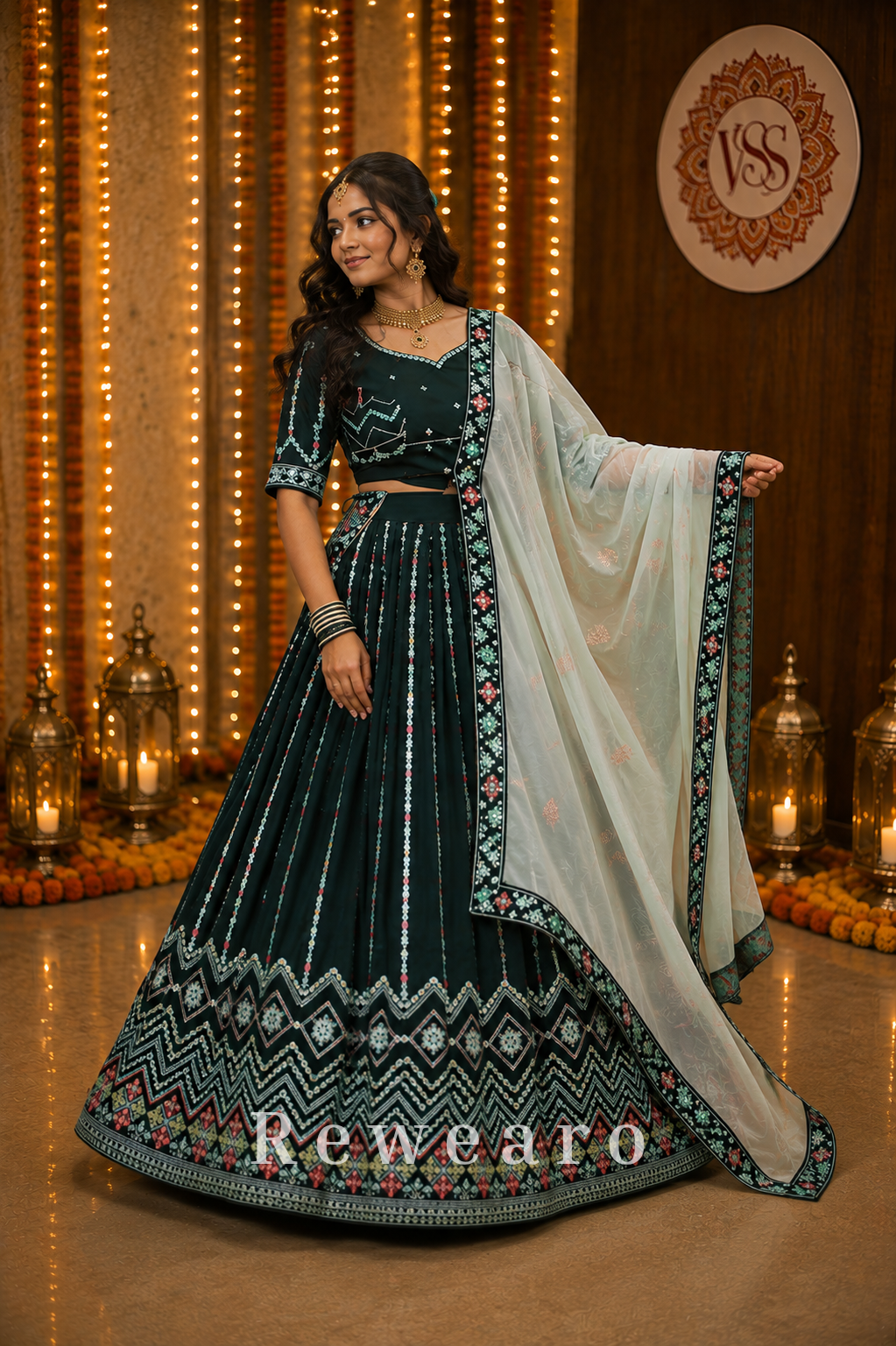 Midnight Garden Embroidered Kalidar Lehenga with Floral Borderwork & Organza Dupatta