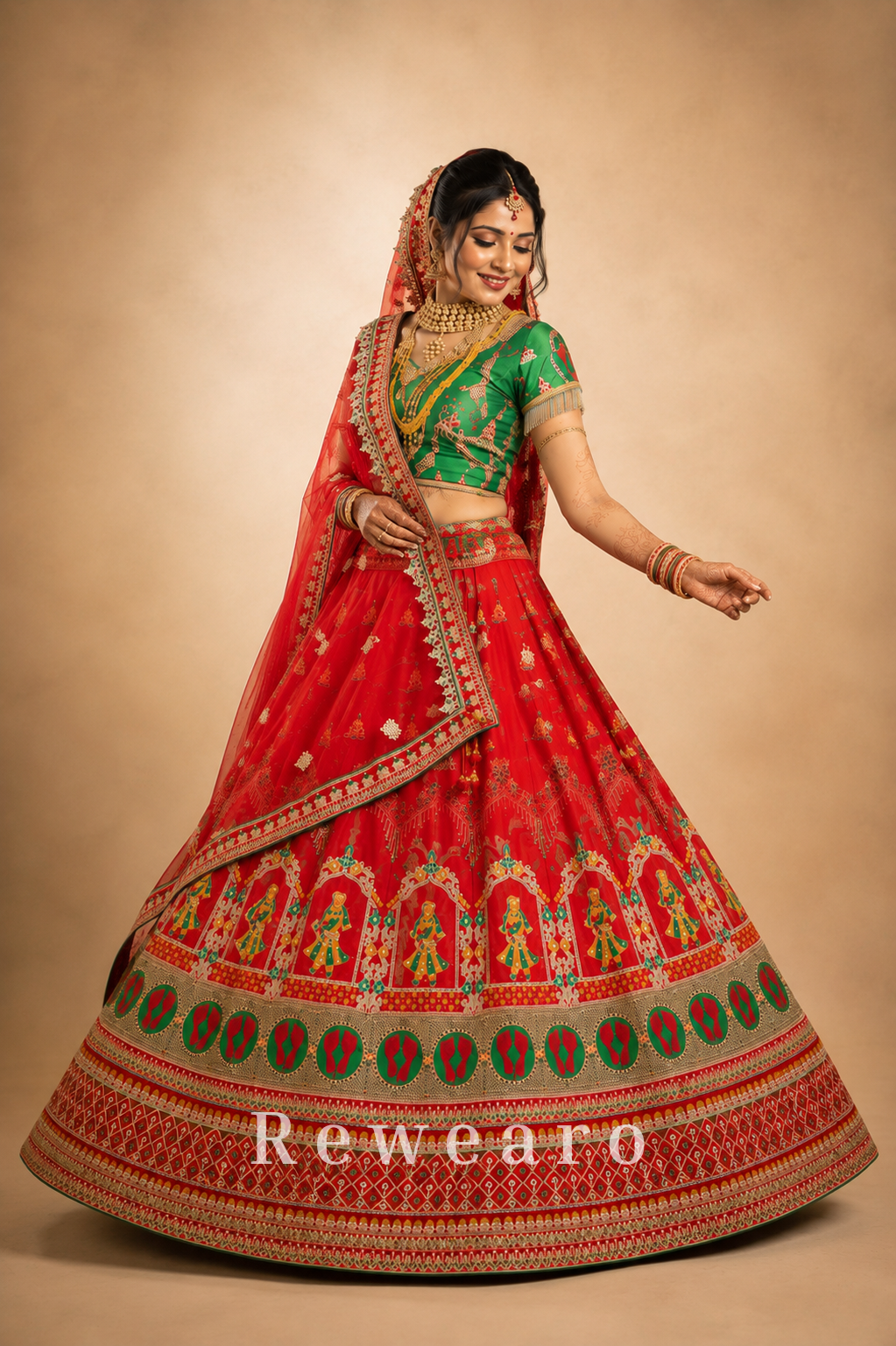 Crimson Bridal Lehenga with Folk-Figurative Border, Emerald Brocade Blouse & Ornate Veil