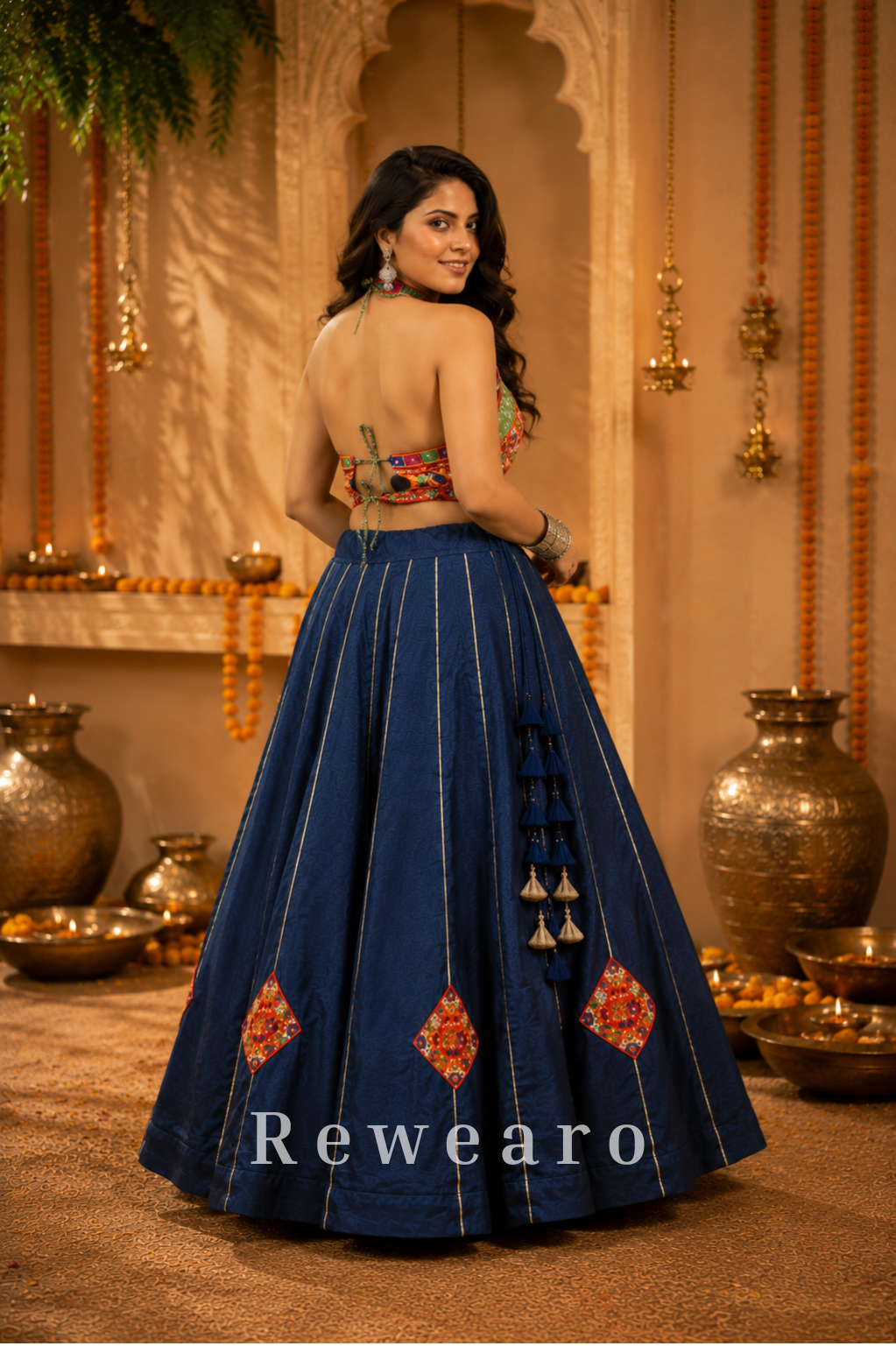 Navy Blue Printed Lehenga with Multicoloured Kutchi Embroidered Halter Blouse & Tasselled Details