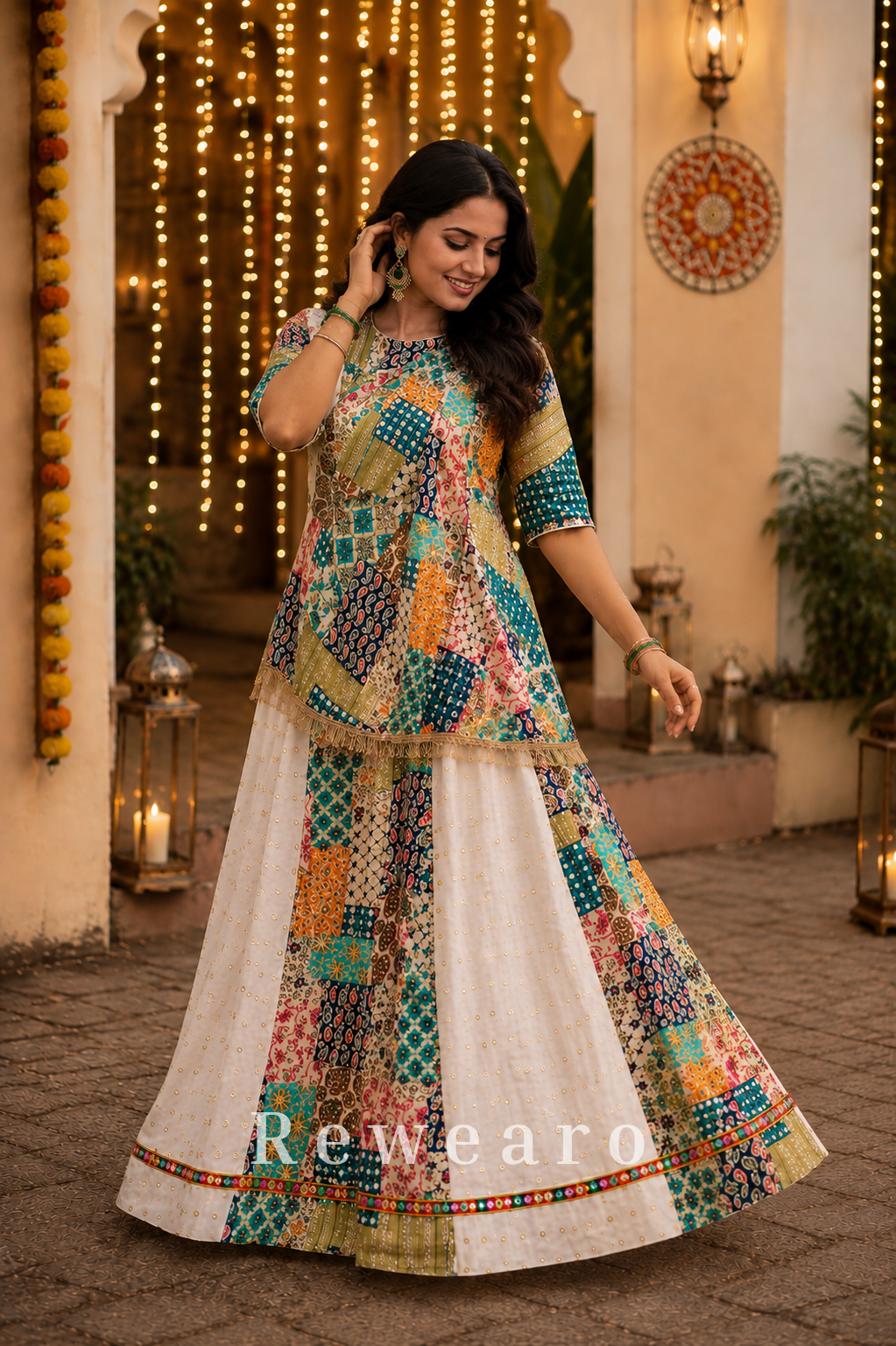 Multicolour Printed Choli Top with Panelled Flared Lehenga & Gota Border