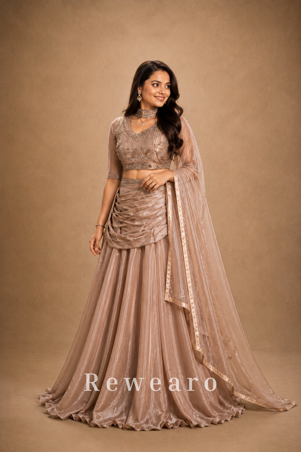 Champagne Embroidered Blouse with Draped Skirt, Ruched Waist & Flowing Dupatta