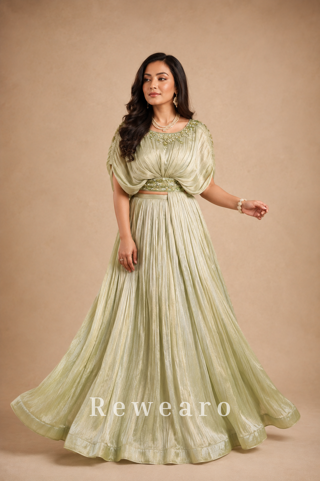 Pistachio Green Draped Gown with Pleated Flared Skirt & Embellished Waistline