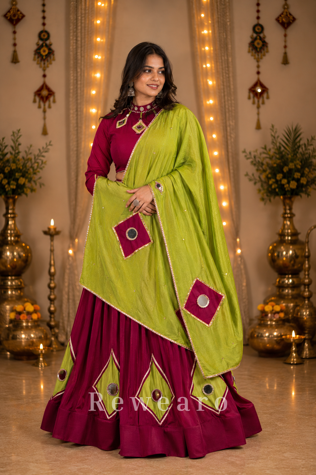 Kesarika Gulnaar Aaina Lehenga Set with Lime Draped Dupatta