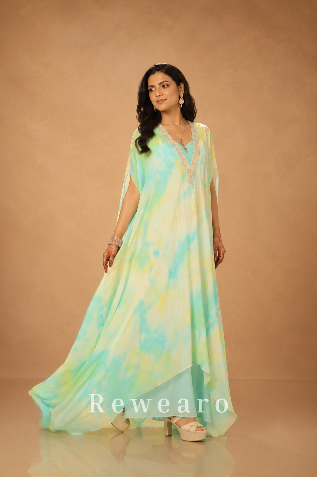 Aqua Tie-Dye Kaftan with Embellished Neckline & Flowing Cape Drape
