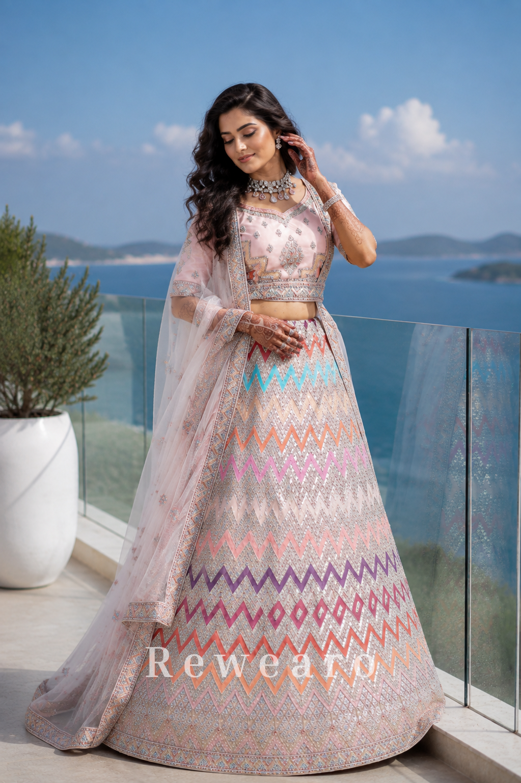 Pastel Rainbow Chevron Embroidered Lehenga Set with Shimmering Silver Heritage Detailing