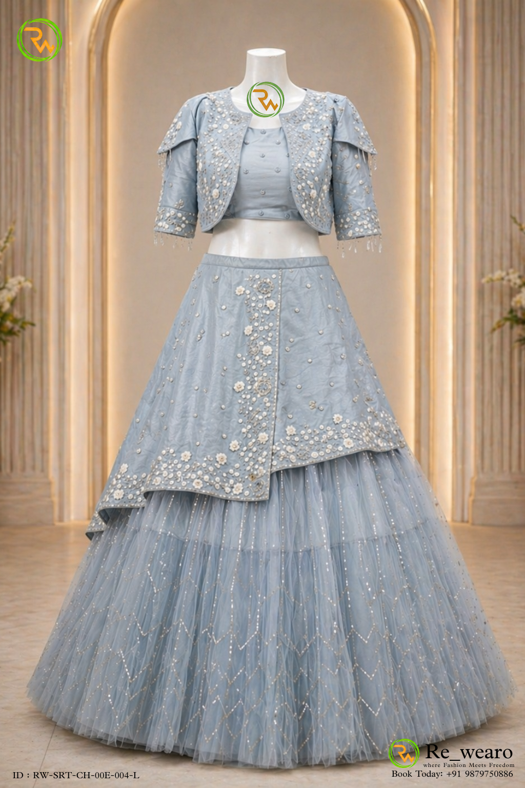Powder Blue Embroidered Layered Lehenga with Mirrorwork Jacket