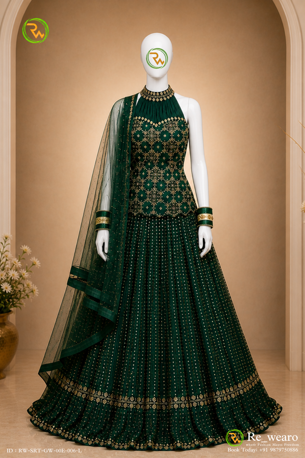 Emerald Embroidered Halter Neck Lehenga Gown with Net Dupatta