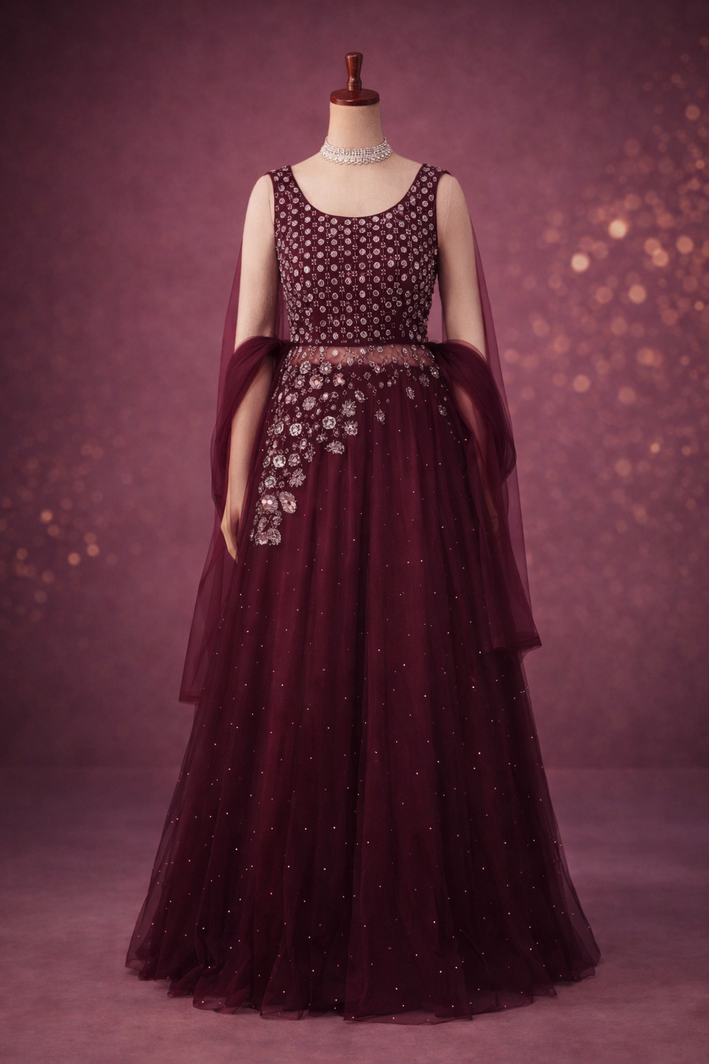 Wine Embellished Net Evening Gown with Cape Sleeves