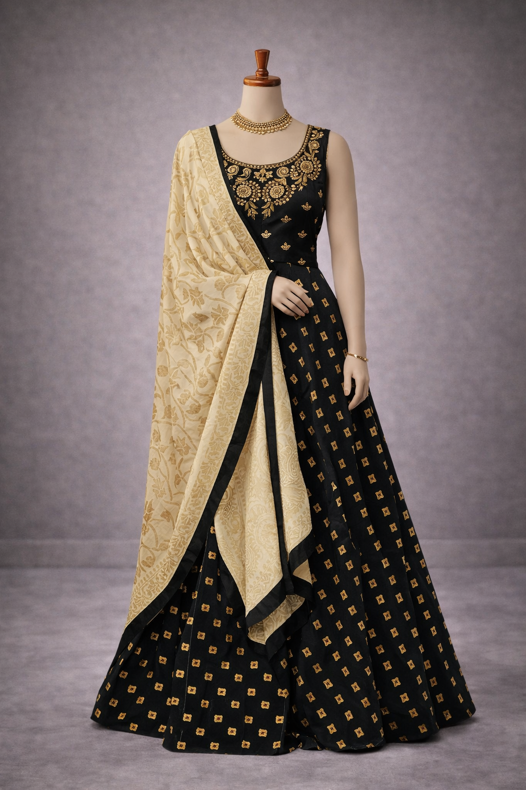 Black and Gold Embroidered Lehenga Set with Floral Jacquard Dupatta