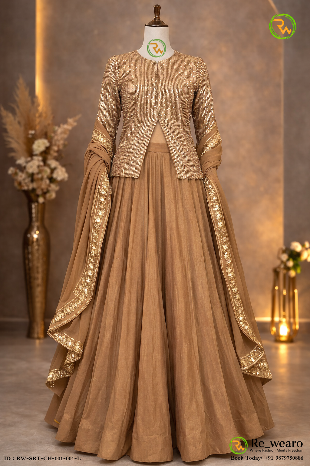 Champagne Sequin Embellished Jacket Style Lehenga Set with Border Dupatta