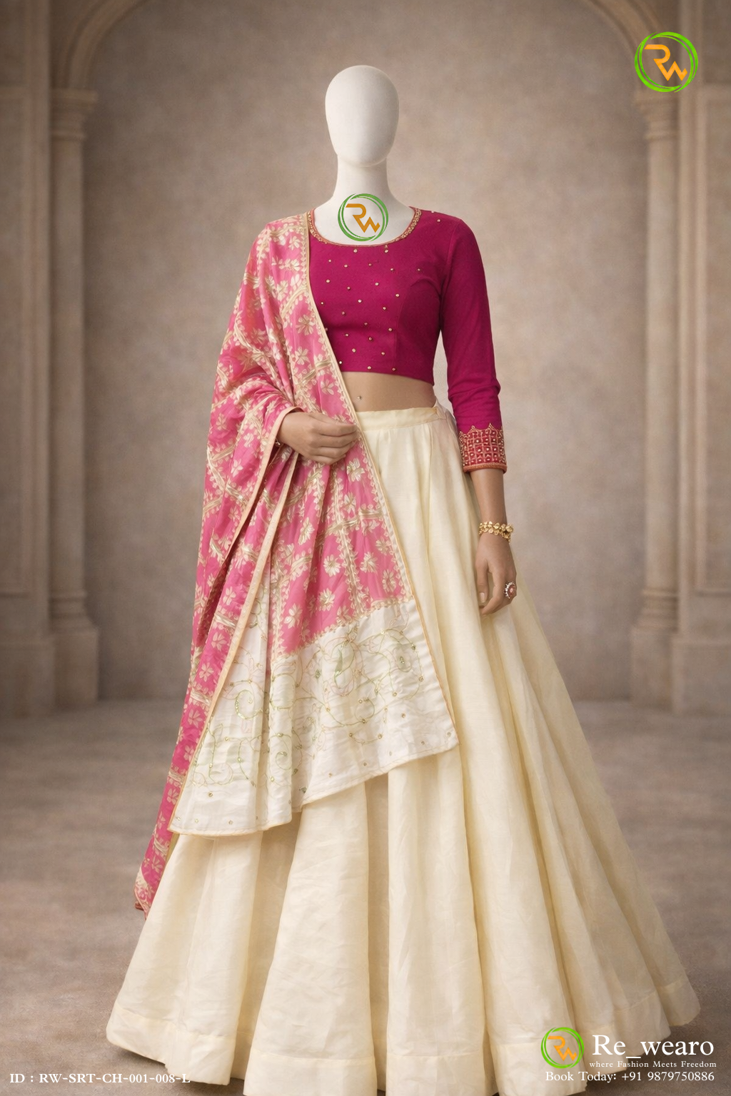 Fuchsia Pink Blouse with Ivory Lehenga and Floral Banarasi Style Dupatta