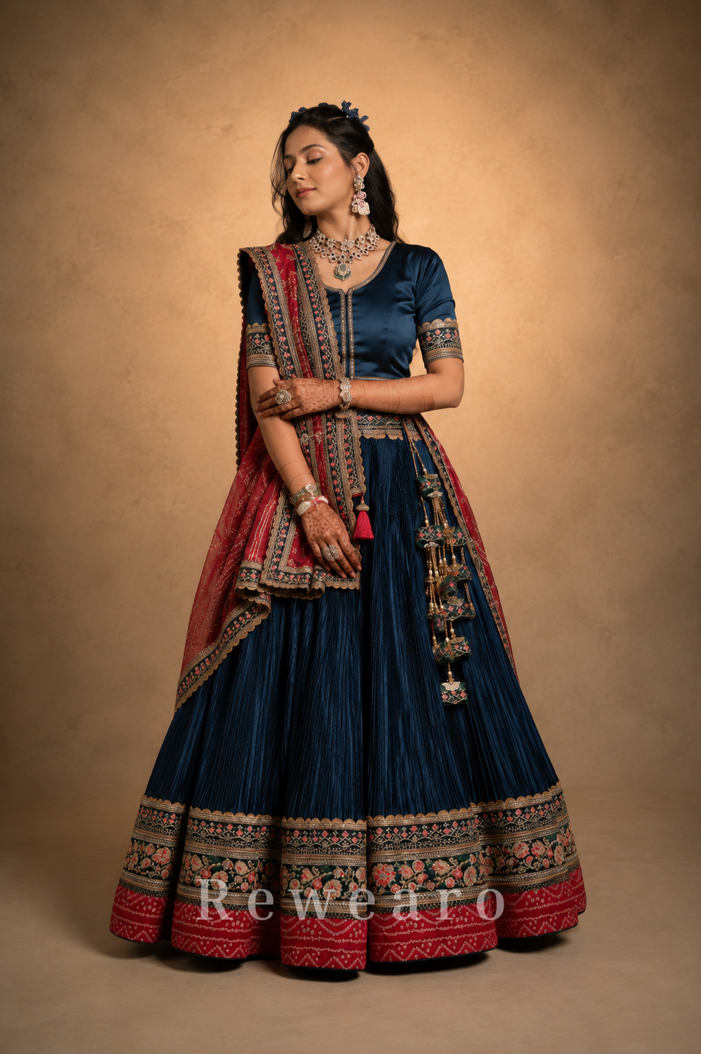Navy Blue Pleated Lehenga Set with Crimson Embroidered Dupatta