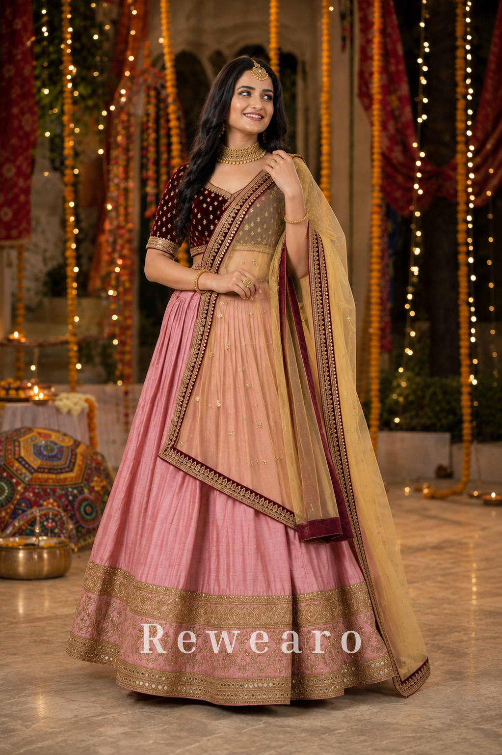 Rose Pink Lehenga with Maroon Embroidered Blouse & Antique Dupatta