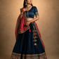 Navy Blue Pleated Lehenga Set with Crimson Embroidered Dupatta