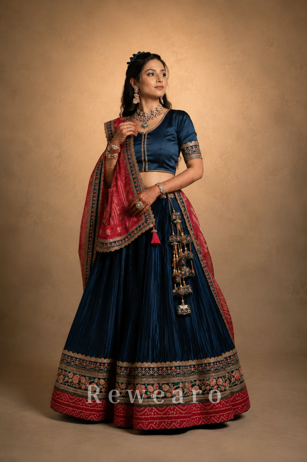 Navy Blue Pleated Lehenga Set with Crimson Embroidered Dupatta