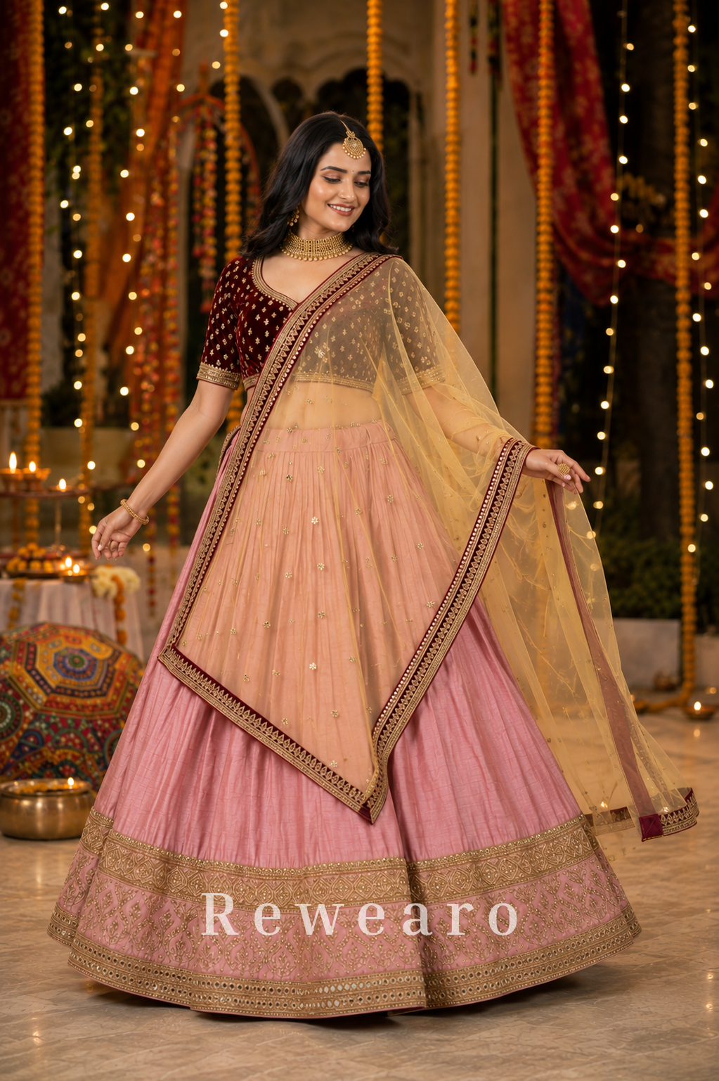 Rose Pink Lehenga with Maroon Embroidered Blouse & Antique Dupatta