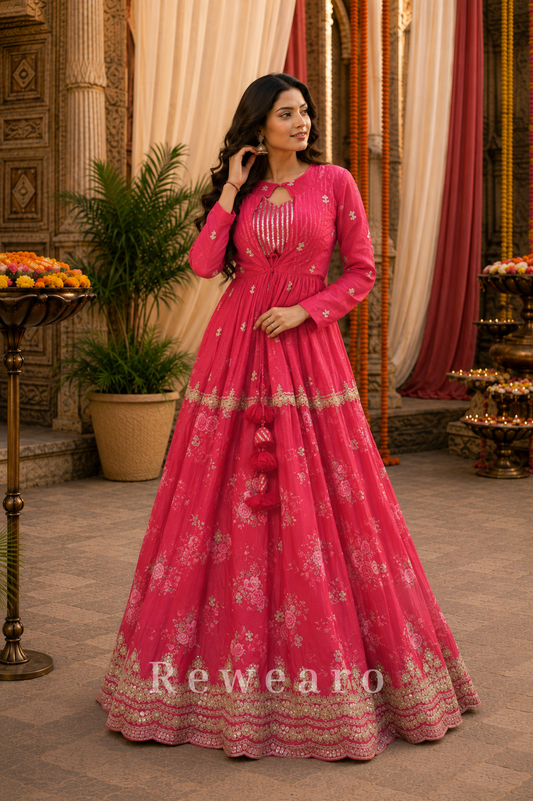 Radiant Rose Pink Floral Embroidered Anarkali Gown with Delicate Gota Lace Accents