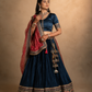 Navy Blue Pleated Lehenga Set with Crimson Embroidered Dupatta