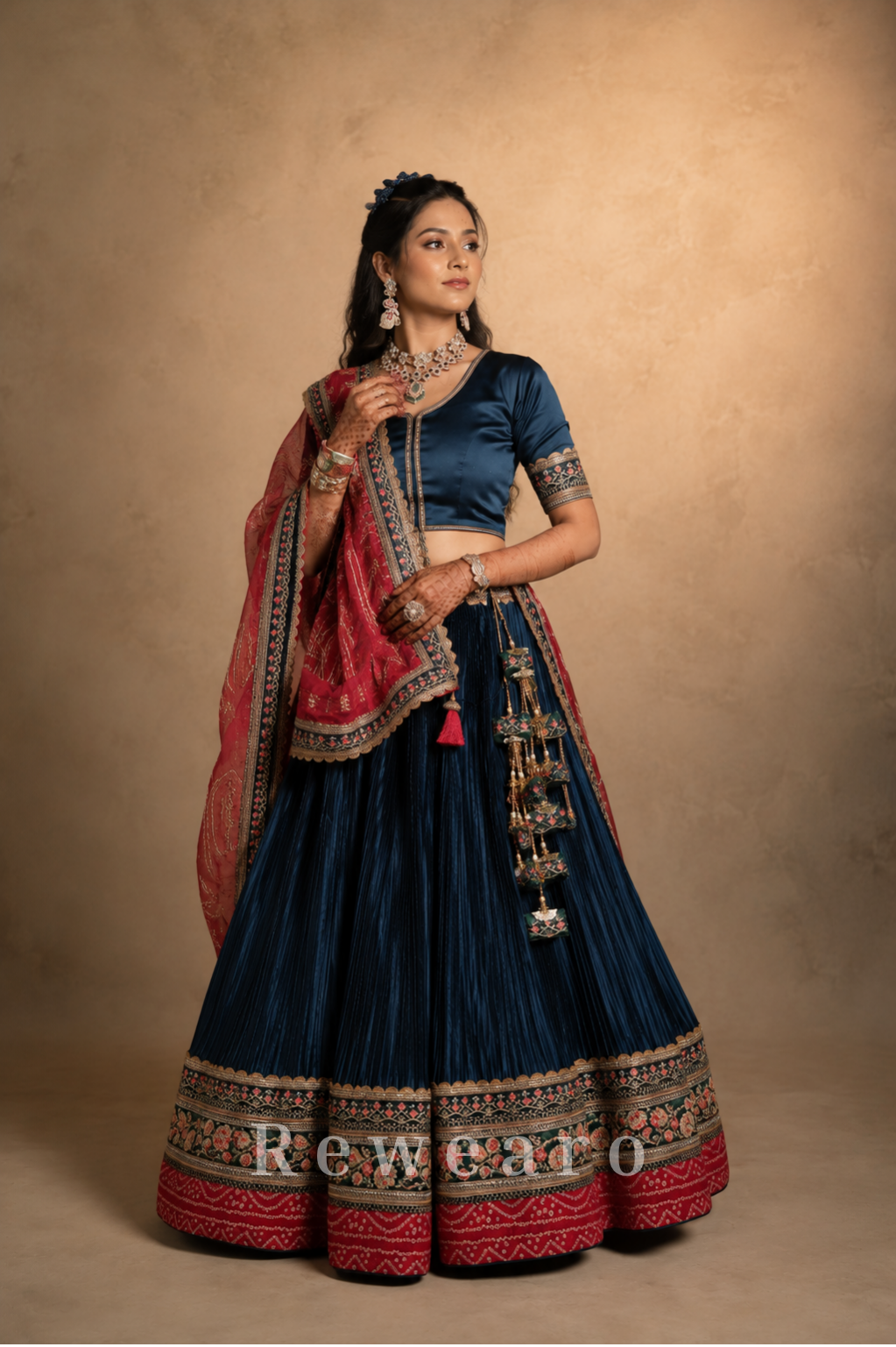Navy Blue Pleated Lehenga Set with Crimson Embroidered Dupatta