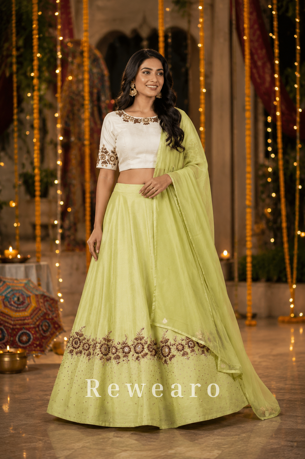 Pistachio Green Lehenga with Ivory Embroidered Choli & Sheer Dupatta