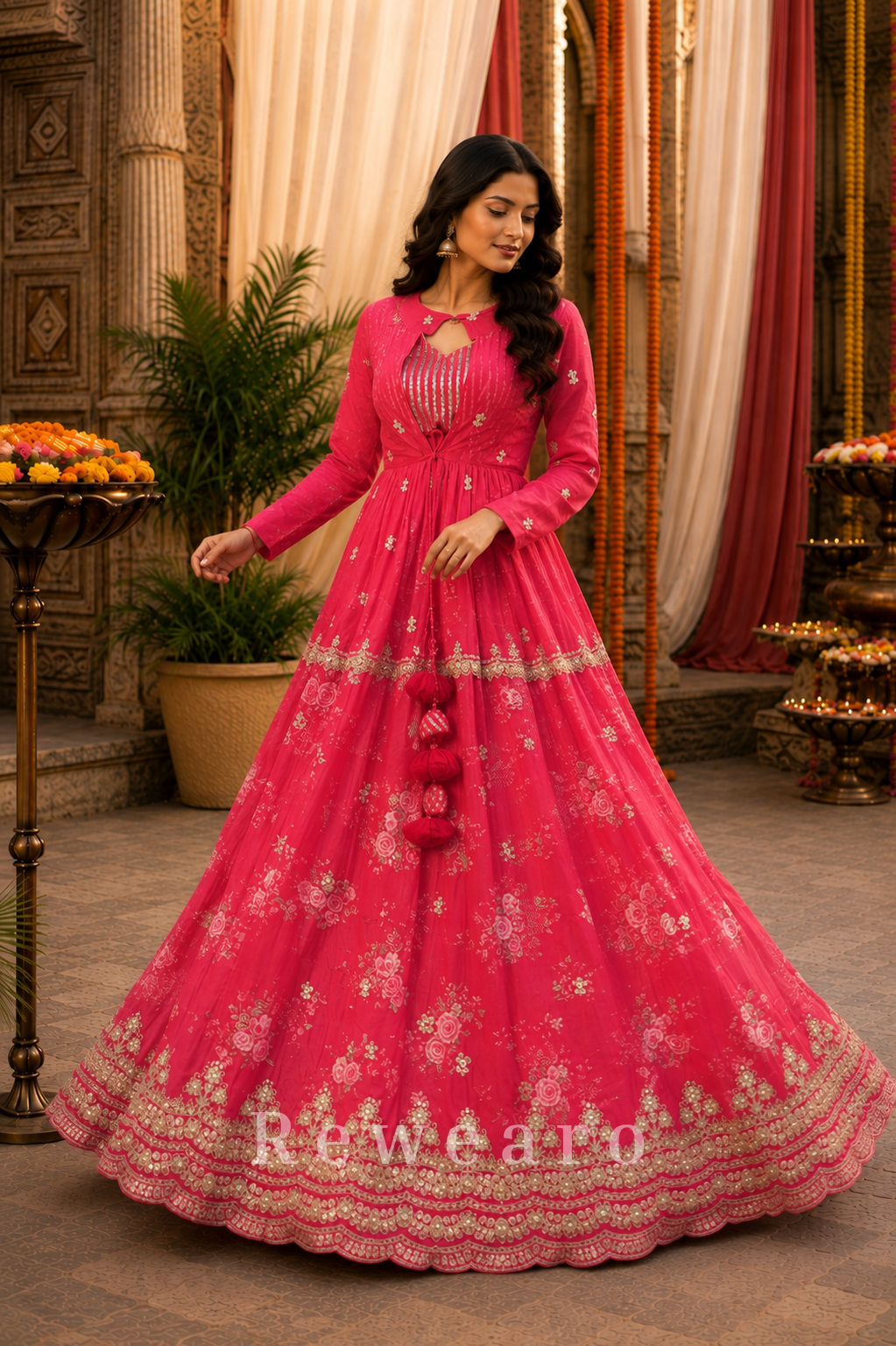 Radiant Rose Pink Floral Embroidered Anarkali Gown with Delicate Gota Lace Accents