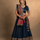 Navy Blue Pleated Lehenga Set with Crimson Embroidered Dupatta