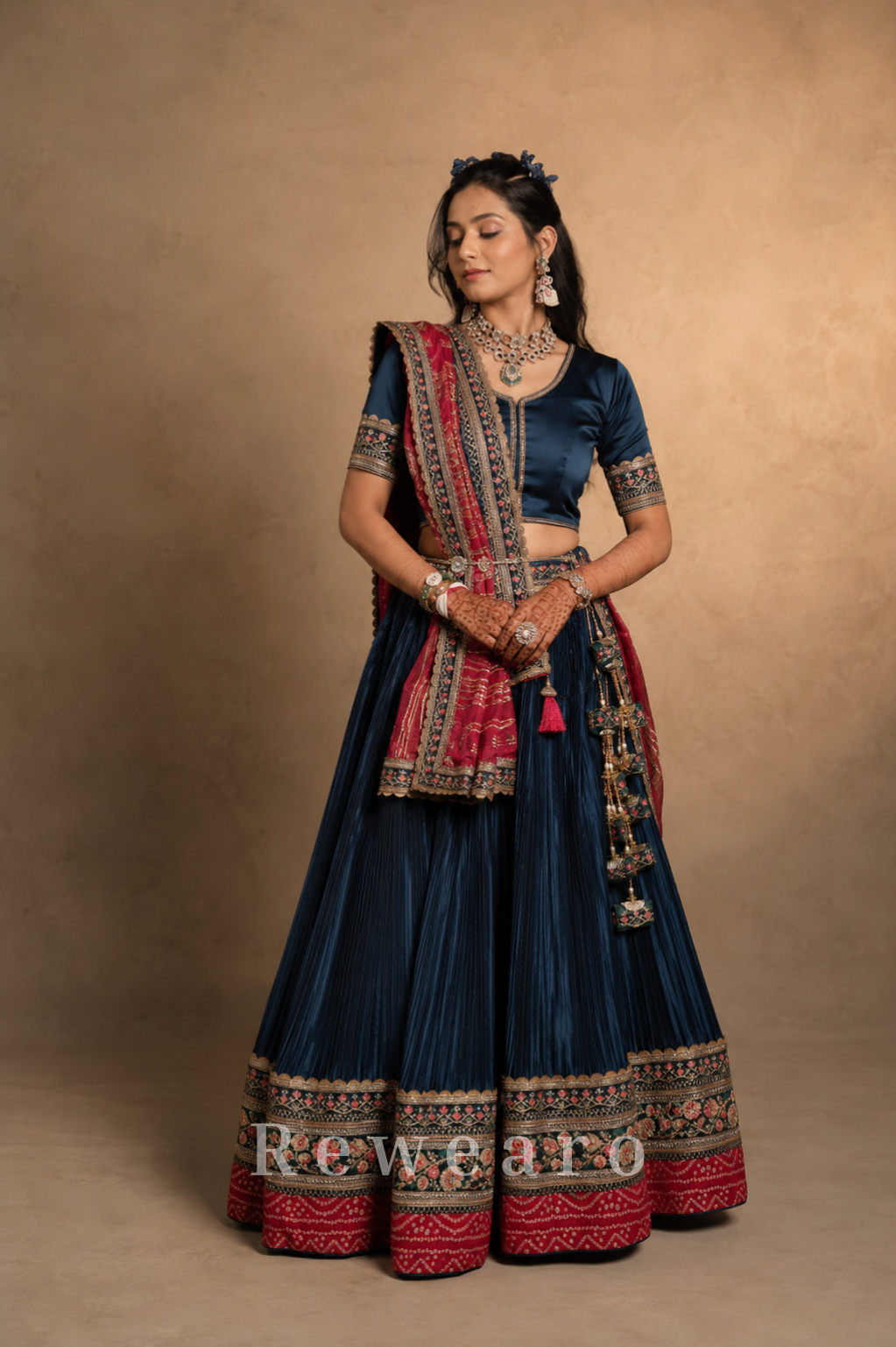Navy Blue Pleated Lehenga Set with Crimson Embroidered Dupatta