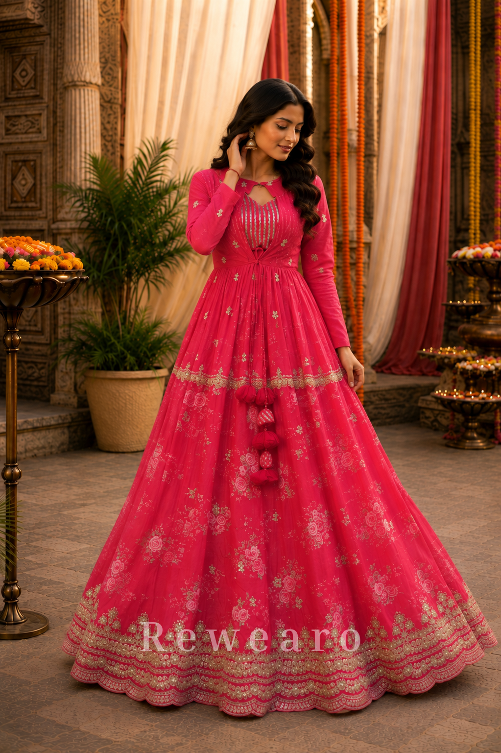 Radiant Rose Pink Floral Embroidered Anarkali Gown with Delicate Gota Lace Accents